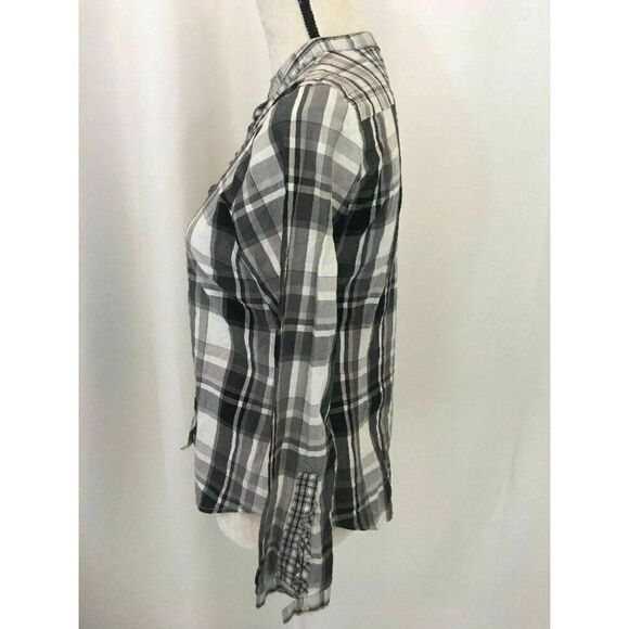 Zara Womens White Gray Black Plaid Long Sleeve Button Down Top Medium - Picture 3 of 6